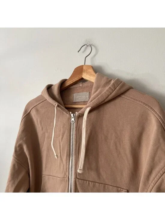 Everlane Organic Cotton Cropped Zip Up Hooded Sweatshirt Tan Women's Size Small - Picture 3 of 8